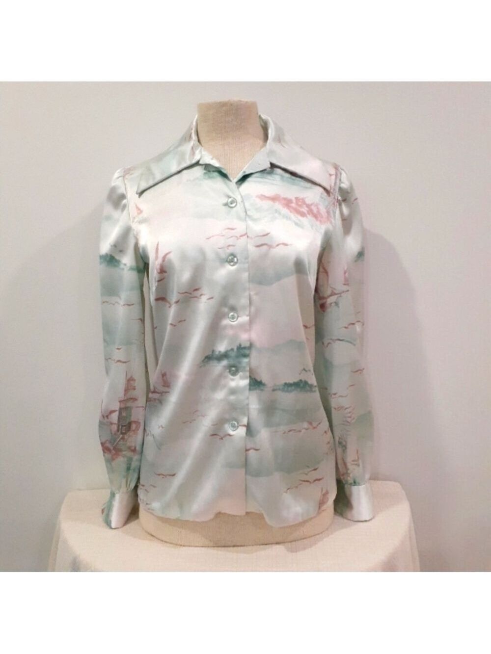 Retro 70's Handmade Satin Finish Businesscore Button Up Blouse Nautical Theme
